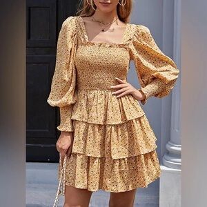YTK tiered women’s size XS Floral Long Sleeve mini dress yellow